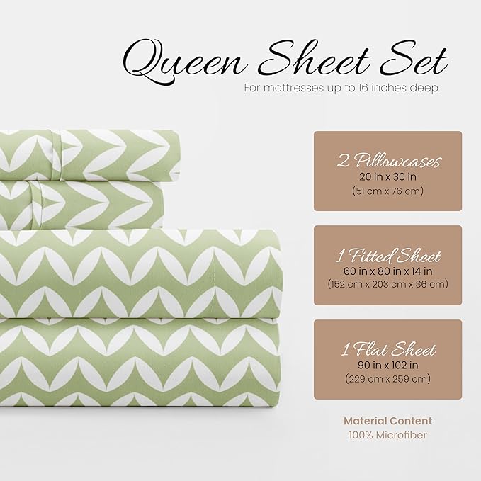 Linen Market 4 Piece Sheet Set Patterned, Queen, Puffed Chevron Sage - LeafyLoom