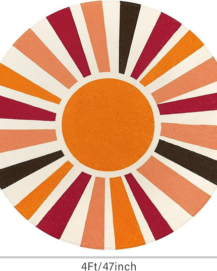 Round Washable Rug 4 Ft Small Round Rug for Kids Room, Orange Sun Circle Rug for Playroom, Non-Slip Circular Office Carpet Soft Rainbow Rug for Bedroom Reading Corner Dorm - LeafyLoom