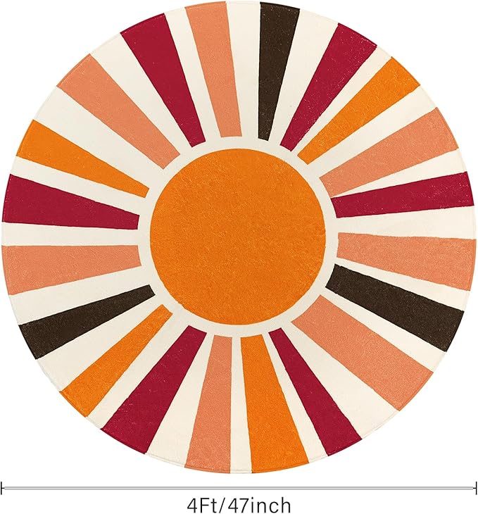 Round Washable Rug 4 Ft Small Round Rug for Kids Room, Orange Sun Circle Rug for Playroom, Non-Slip Circular Office Carpet Soft Rainbow Rug for Bedroom Reading Corner Dorm - LeafyLoom