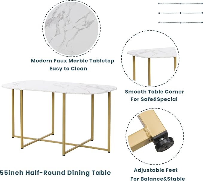 Dining Table Set for 6, 55 Inch Faux Marble Dining Room Table Set with 6 Chairs, Elegant and Compact Kitchen Table Set for Living Room, Dining Room and Small Space, Golden+White - LeafyLoom