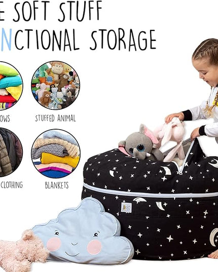 Stuffed Animal Storage Bean Bag Chair Cover for Kids & Adults | Washable XL Stuffie Seat | 100% Cotton | Pouf Organizer for Plush Toys, Linens, Quilts & Pillows | Starry Night - LeafyLoom