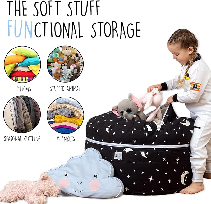 Stuffed Animal Storage Bean Bag Chair Cover for Kids & Adults | Washable XL Stuffie Seat | 100% Cotton | Pouf Organizer for Plush Toys, Linens, Quilts & Pillows | Starry Night - LeafyLoom