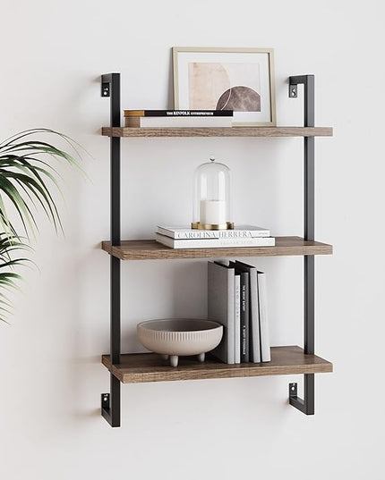 Nathan James Theo 3-Shelf Small Bookcase, Floating Wall Mount Bookshelf with Wood and Industrial Pipe/Metal Frame, Rustic Oak/Matte Black - LeafyLoom