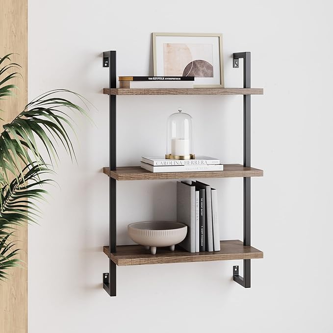 Nathan James Theo 3-Shelf Small Bookcase, Floating Wall Mount Bookshelf with Wood and Industrial Pipe/Metal Frame, Rustic Oak/Matte Black - LeafyLoom
