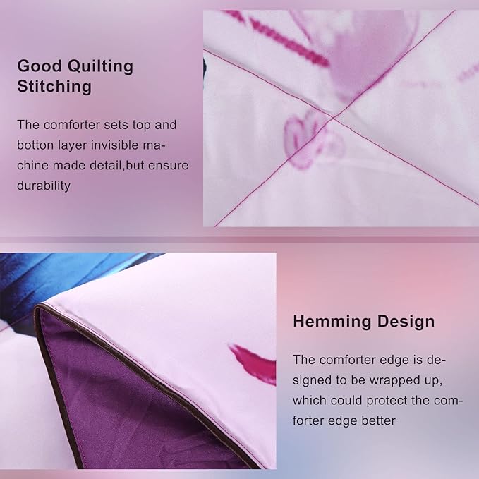 ENCOFT Butterfly Comforter Queen Size, 3 Pieces Girls Teen Kids Quilted Bedspread Queen Bed Comforter Bedding Sets, All Seasons Microfiber Purple Butterfly Bedding Set, with Pillowcase - LeafyLoom