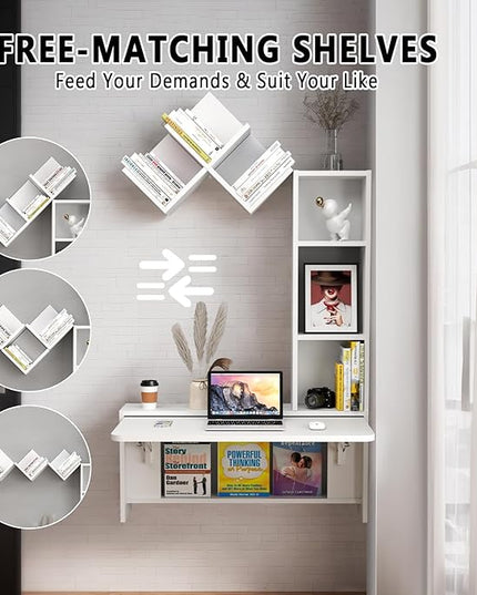 Folding Wall Mounted Drop Leaf Table, Foldable Desk with Moveable Cabinets, Floating Laptop with Convertible Storage Shelves, Multifunctional Computer Workstation in Home for Space Saving - LeafyLoom