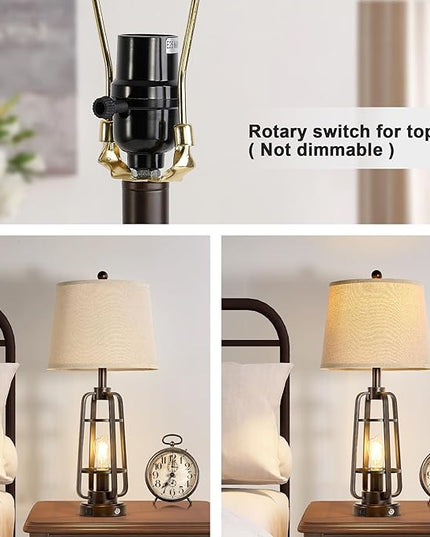 28.7" Farmhouse Table Lamps for Living Room Set of 2, 3-Way Dimmable Touch Lamps with USB A+C Ports, Rustic Industrial Nightstand Lamps for Bedroom, Bulbs Included - LeafyLoom