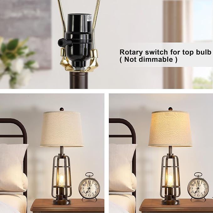 28.7" Farmhouse Table Lamps for Living Room Set of 2, 3-Way Dimmable Touch Lamps with USB A+C Ports, Rustic Industrial Nightstand Lamps for Bedroom, Bulbs Included - LeafyLoom