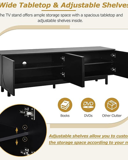 Merax Graceful TV Stand with Arch Cabinets for Televisions Up to 78'', Minimalist Entertainment Center with Solid Wood Legs and Adjustable Shelves, Practical Media Console for Living Room, Black - LeafyLoom