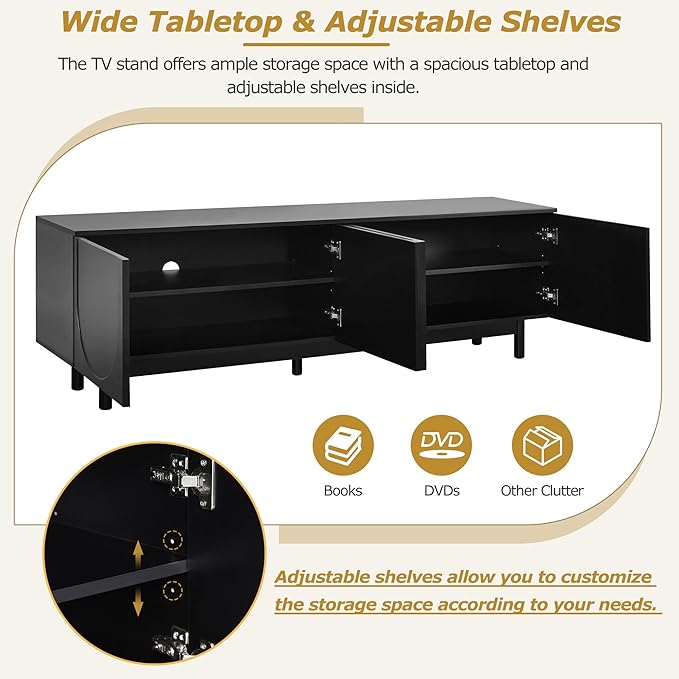Merax Graceful TV Stand with Arch Cabinets for Televisions Up to 78'', Minimalist Entertainment Center with Solid Wood Legs and Adjustable Shelves, Practical Media Console for Living Room, Black - LeafyLoom