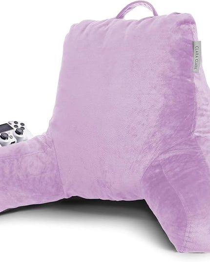 Clara Clark Reading Pillow, Standard Back Pillow for Sitting Up in Bed, Memory Foam Back Support Pillow, Reading Pillows for Sitting in Bed Lavender Sit Up Pillow for Bed Chair Arm Pillow with Pockets - LeafyLoom