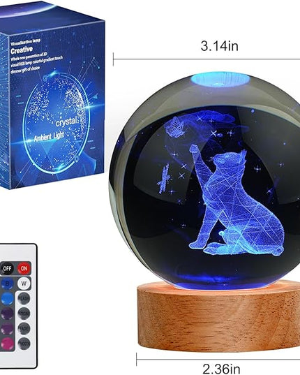 Cat Gifts for Cat Lovers for Women, Large 3D Cat Night Light, Crystal Cat Figurines Lamp 16 Color Changing with Remote Control for Bedroom Decor, Cat Play with Butterfly - LeafyLoom