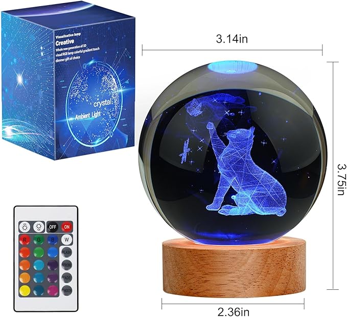 Cat Gifts for Cat Lovers for Women, Large 3D Cat Night Light, Crystal Cat Figurines Lamp 16 Color Changing with Remote Control for Bedroom Decor, Cat Play with Butterfly - LeafyLoom