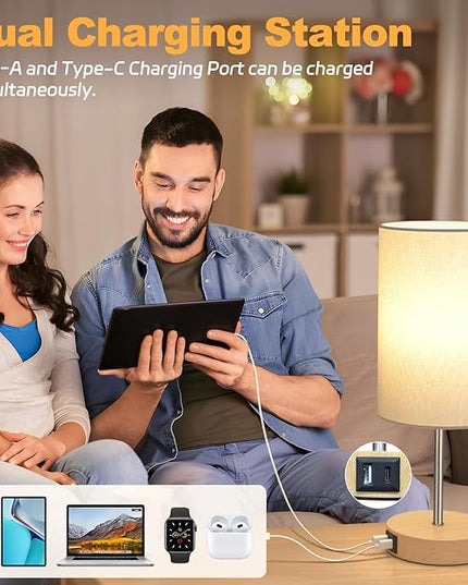 AKASUKI Table Lamp for Bedroom, 3 Way Dimmable Touch Lamp with Dual Charging Station, Small Bedside Lamps for Night Stands, Living Room, Office(LED Bulb Included) - LeafyLoom