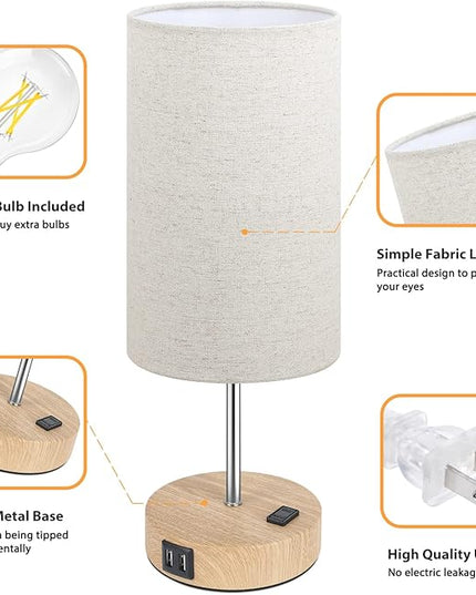 Bedside Table Lamps with 2 USB Charging Ports & AC Outlet, Set of 2 Touch Control Wooden Base Nightstand 3-Way Dimmable Lamps with Beige Fabric Shade for Bedroom, Living Room, A19 E26 Bulbs included - LeafyLoom