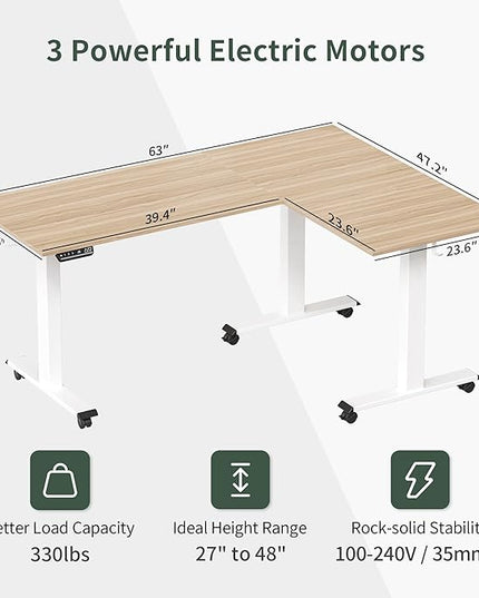 FEZIBO Triple Motor L-Shaped Electric Standing Desk, Height Adjustable Stand up Corner Desk, 63 Inches Sit Stand Workstation with Splice Board, White Frame/Light Walnut Top - LeafyLoom