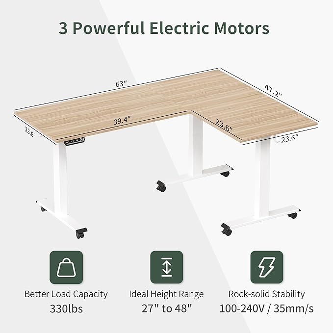 FEZIBO Triple Motor L-Shaped Electric Standing Desk, Height Adjustable Stand up Corner Desk, 63 Inches Sit Stand Workstation with Splice Board, White Frame/Light Walnut Top - LeafyLoom