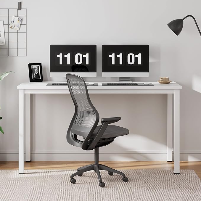 Need 55 Inch Large Computer Desk - Modern Simple Style Home Office Gaming Desk, Basic Writing Table for Study Student, White Metal Frame, White - LeafyLoom