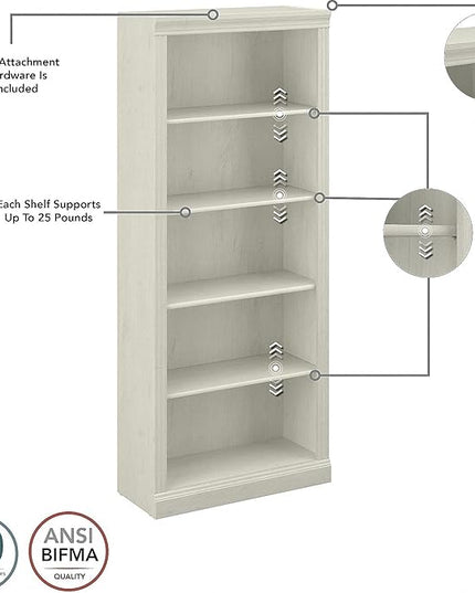 Saratoga 5-Shelf 72-Inch H Bookcase, Linen White Oak - LeafyLoom