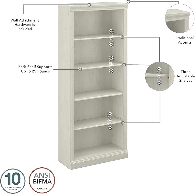 Saratoga 5-Shelf 72-Inch H Bookcase, Linen White Oak - LeafyLoom