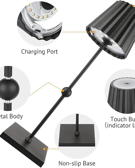 GGOYING Cordless Table Lamp,5200mAh Battery Operated Rechargeable LED Desk Lamp 3 Color Stepless Dimming, Minimalist Portable Night Light(Black) - LeafyLoom