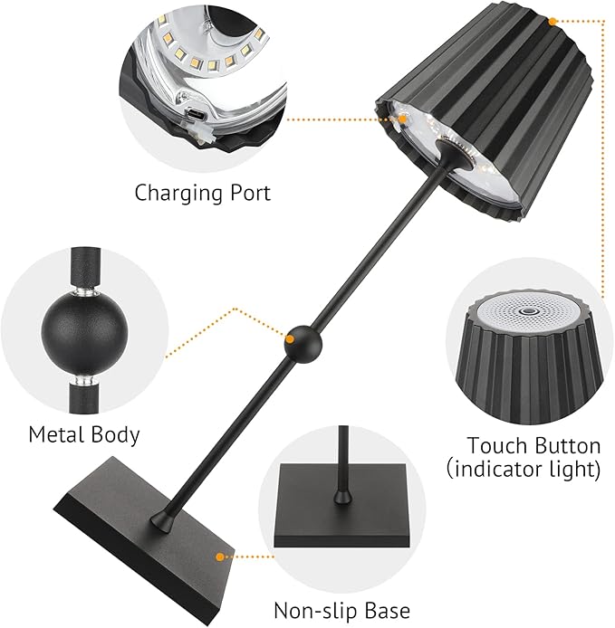 GGOYING Cordless Table Lamp,5200mAh Battery Operated Rechargeable LED Desk Lamp 3 Color Stepless Dimming, Minimalist Portable Night Light(Black) - LeafyLoom