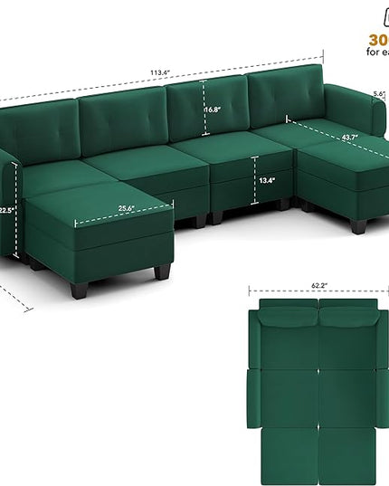 Modular Sectional Sofa, Convertible Sectional Couches for Living Room U Shaped Sectional Sofa Couch with Storage Ottoman, High Supportive 6 Seats Reversible Sectionals 113'' with Chaise, Green - LeafyLoom
