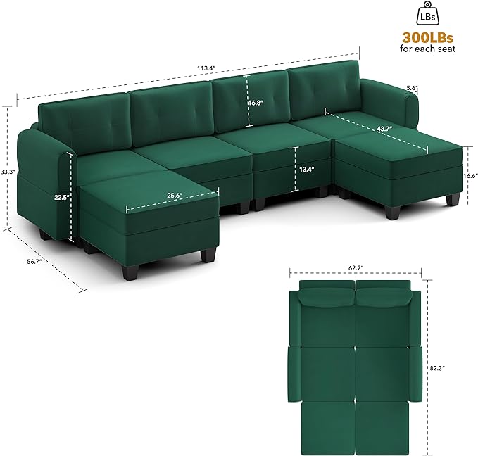 Modular Sectional Sofa, Convertible Sectional Couches for Living Room U Shaped Sectional Sofa Couch with Storage Ottoman, High Supportive 6 Seats Reversible Sectionals 113'' with Chaise, Green - LeafyLoom