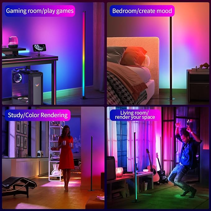 RGB Floor Lamp, LED Corner Lamp Works with Alexa, with Music Sync, with App and Remote Control, 16 Million Colors & 68+ Scene, Color Changing Standing Floor Lamp for Bedroom Living Room - LeafyLoom