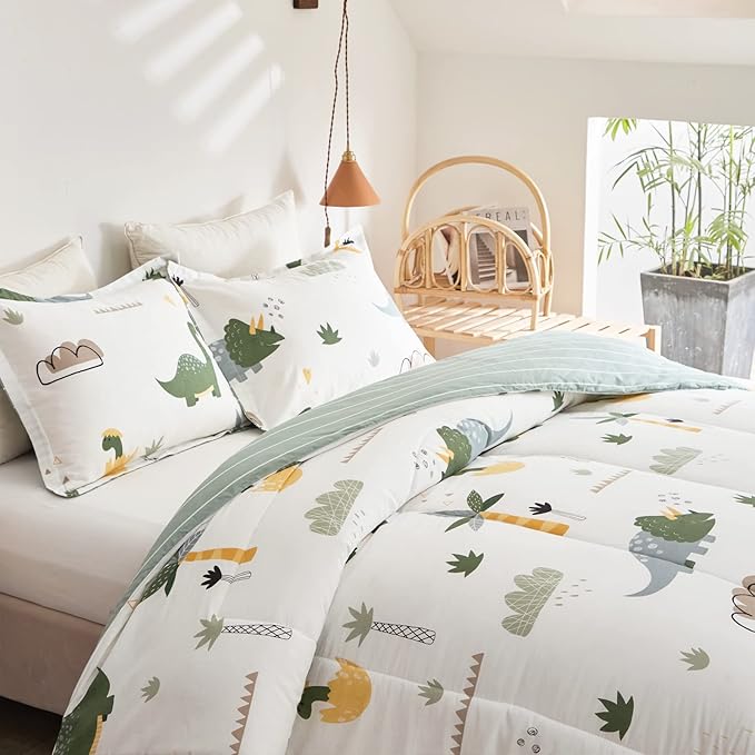 Joyreap Dinosaur Kids Cotton Comforter Set for Boys Girls, Full/Queen Size 3pcs Cotton Bedding Comforter, Fresh Green Dinosaurs on White Design, Skin-friendly Breathable for All Season- 88x88 inches - LeafyLoom