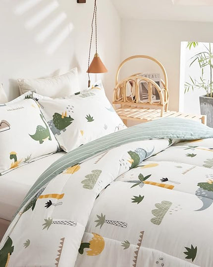 Joyreap Dinosaur Kids Cotton Comforter Set for Boys Girls, Twin Size 3pcs Cotton Bedding Comforter, Fresh Green Dinosaurs on White Design, Skin-friendly Breathable for All Season- 68x88 inches - LeafyLoom