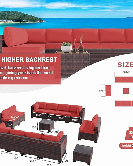 Kullavik 14PCS Outdoor Patio Furniture Set PE Wicker Rattan Sectional Sofa Patio Conversation Sets,Red - LeafyLoom