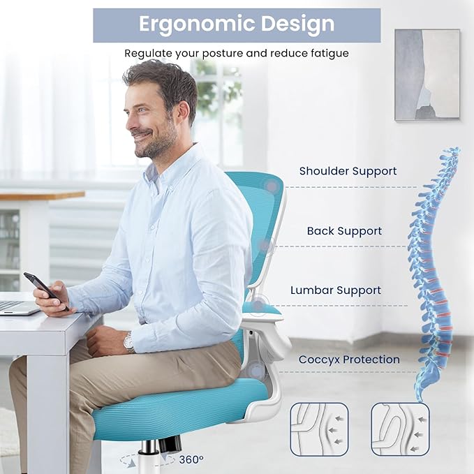 Office Chair, Ergonomic Desk Chair with Lumbar Support and Adjustable Armrests, Comfy Desk Chair Breathable Mesh Mid Back Computer Chair, Reclining Office Chair for Home Office - Blue - LeafyLoom