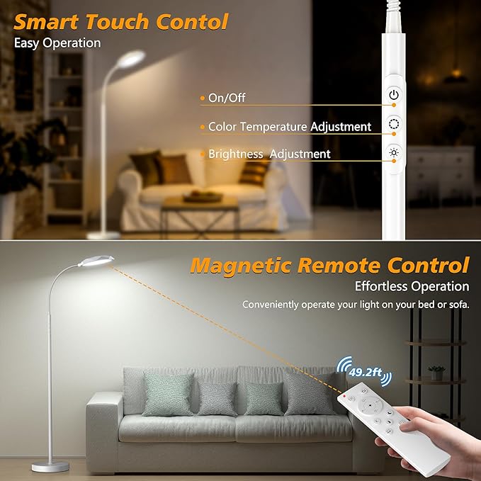 Floor Lamp, 18W Bright LED Floor Lamps for Living Room with Diamond-Surface, Stepless Adjustable Colors & Dimmer Standing Lamp with Timer, Remote & Touch Control, Reading Lights for Bedroom, Office - LeafyLoom
