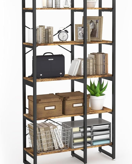 5 Tier Bookshelf and Bookcase, Rustic Industrial Bookshelf, Large Etagere Bookshelf Open Display Shleves with Metal Frame for Living Room Bedroom Home Office - LeafyLoom