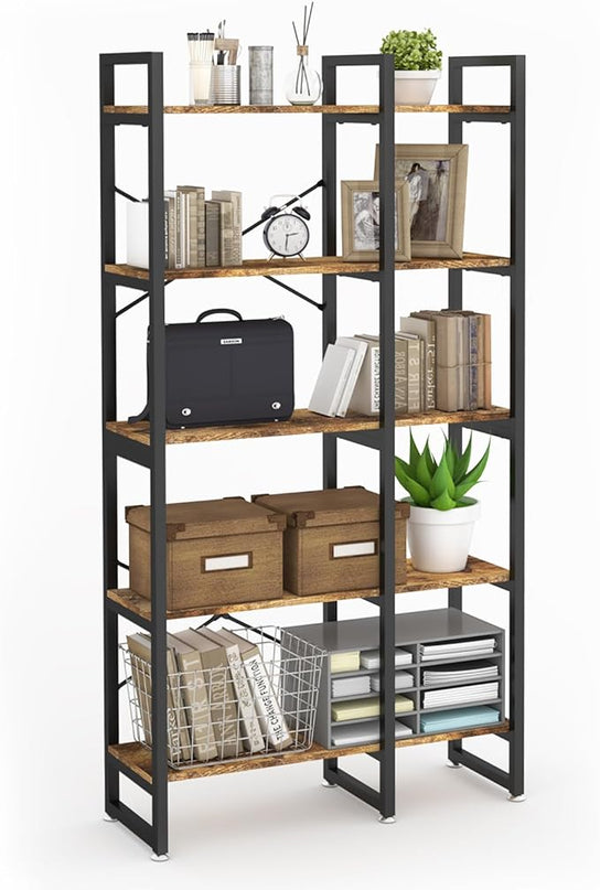 5 Tier Bookshelf and Bookcase, Rustic Industrial Bookshelf, Large Etagere Bookshelf Open Display Shleves with Metal Frame for Living Room Bedroom Home Office - LeafyLoom
