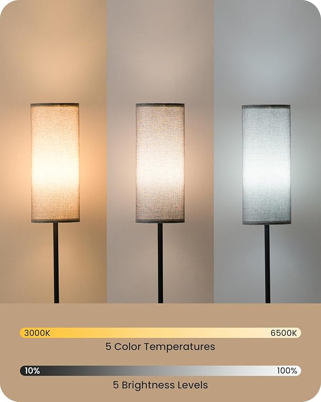 Dimmable Floor Lamp for Living Room, Corner Floor Lamp with Remote, 66'' Standing Tall Lamp, Linen Lampshade, 10W 800LM LED Bulb for Bedroom Study, FCC Listed, Black and Gray H06LD05 - LeafyLoom