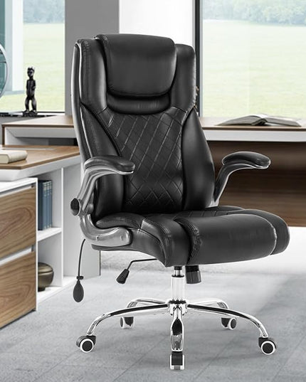 Executive Office Chair Desk Swivel Chair High Back Computer Chair - Adjustable Lumbar Support with Flip-Up Arms PU Leather Chair with Spring Cushion (Black) - LeafyLoom