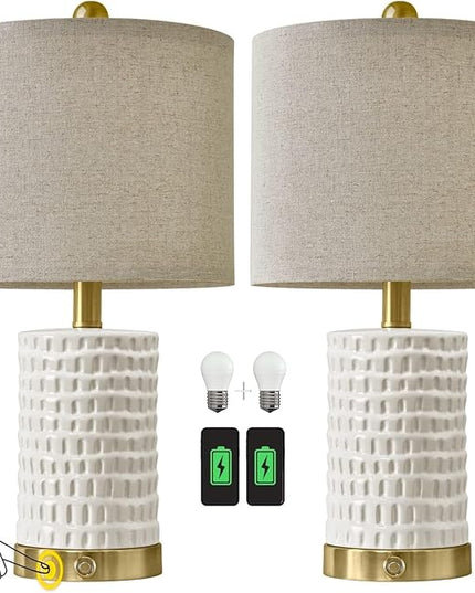 PORTRES 19" Farmhouse 3-Way Dimmable Touch Ceramic Table Lamp Set of 2 for Bedroom White Bedside Lamps with USB A+C Charging Ports for Living room Nightstand Lamp End Table lamps - LeafyLoom