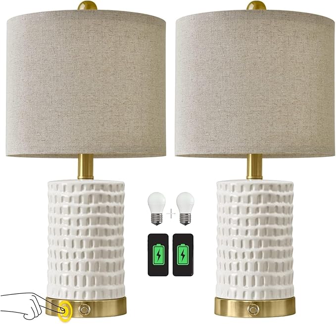 PORTRES 19" Farmhouse 3-Way Dimmable Touch Ceramic Table Lamp Set of 2 for Bedroom White Bedside Lamps with USB A+C Charging Ports for Living room Nightstand Lamp End Table lamps - LeafyLoom