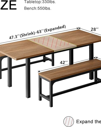 Feonase 63" Dining Table Set for 4-6, Extendable Dining Room Table with 2 Benches, 3 Pcs Kitchen Table for Small Space, Easy Clean, Walnut - LeafyLoom