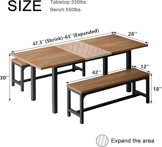Feonase 63" Dining Table Set for 4-6, Extendable Dining Room Table with 2 Benches, 3 Pcs Kitchen Table for Small Space, Easy Clean, Walnut - LeafyLoom