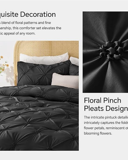 BEDELITE Black Comforter Set Queen - 3 Pieces Boho Pintuck Bedding Comforter Sets, Lightweight Soft & Warm Bed Comforter Queen with 2 Pillowcases for All Season - LeafyLoom