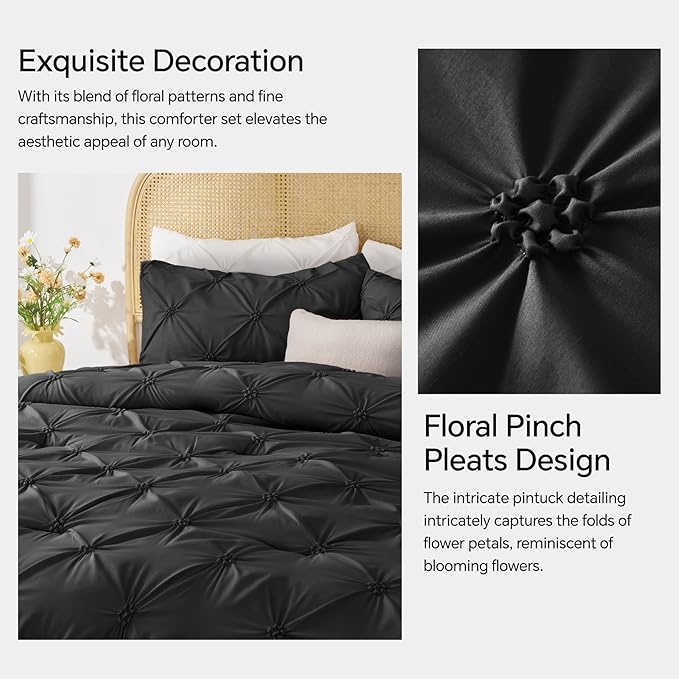 BEDELITE Black Comforter Set Queen - 3 Pieces Boho Pintuck Bedding Comforter Sets, Lightweight Soft & Warm Bed Comforter Queen with 2 Pillowcases for All Season - LeafyLoom