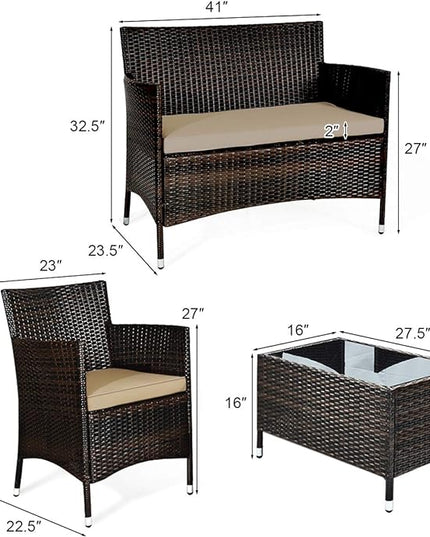 Goplus 4-Piece Rattan Patio Set, Outdoor/Indoor Wicker Conversation Set for Pool, Backyard, Lawn, Wicker Chairs and Sofa with Soft Cushion, Rattan Furniture with Tempered Glass Coffee Table - LeafyLoom