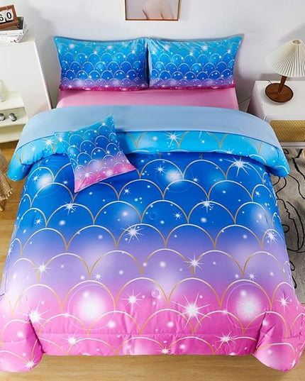 URBONUR 6Pcs Mermaid Comforter Set for Girls Full Size Bed in a Bag Pink Purple Blue Sparkle Glitter Bedding Set Soft All Season Comforter with Sheet Set - LeafyLoom