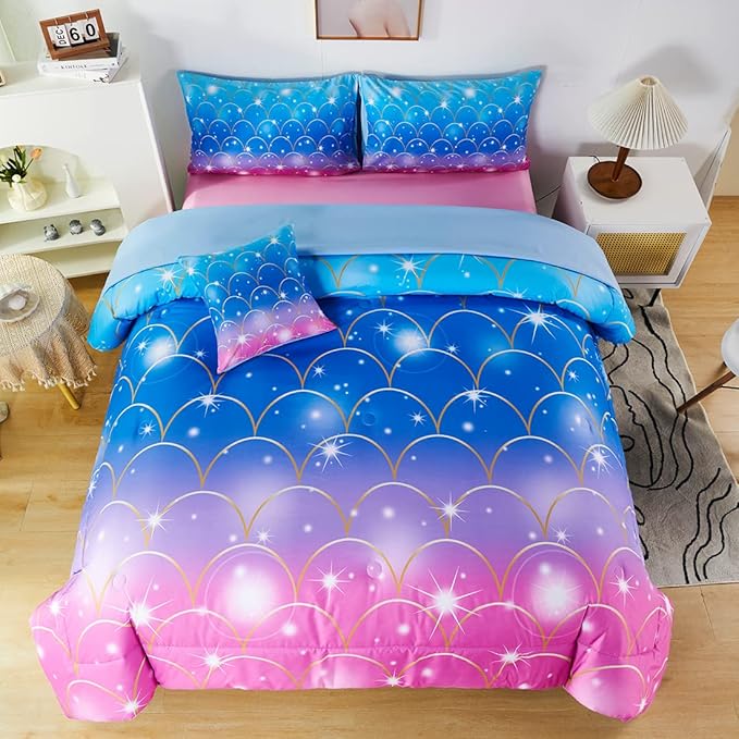 URBONUR 6Pcs Mermaid Comforter Set for Girls Full Size Bed in a Bag Pink Purple Blue Sparkle Glitter Bedding Set Soft All Season Comforter with Sheet Set - LeafyLoom