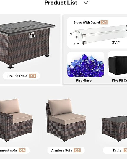 Kullavik 13 Pieces Outdoor Patio Furniture Set with 43" 55000BTU Gas Propane Fire Pit Table PE Wicker Rattan Sectional Sofa Patio Conversation Sets,Sand - LeafyLoom