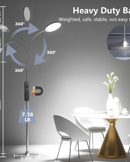 Silver Floor Lamp,Super Bright Dimmable LED Floor Lamps for Living Room, Custom Color Temperature Standing Lamp with Remote Push Button, Adjustable Gooseneck Reading Floor Lamp for Bedroom Office - LeafyLoom