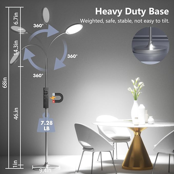 Silver Floor Lamp,Super Bright Dimmable LED Floor Lamps for Living Room, Custom Color Temperature Standing Lamp with Remote Push Button, Adjustable Gooseneck Reading Floor Lamp for Bedroom Office - LeafyLoom